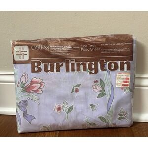Vintage Burlington Caress Floral Fitted Twin Sheet Periwinkle Bouquet Ribbon New